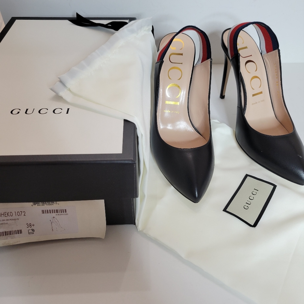 Gucci women's sylvie web and leather slingback pump size 8.5 NEW IN BOX - Picture 7 of 9